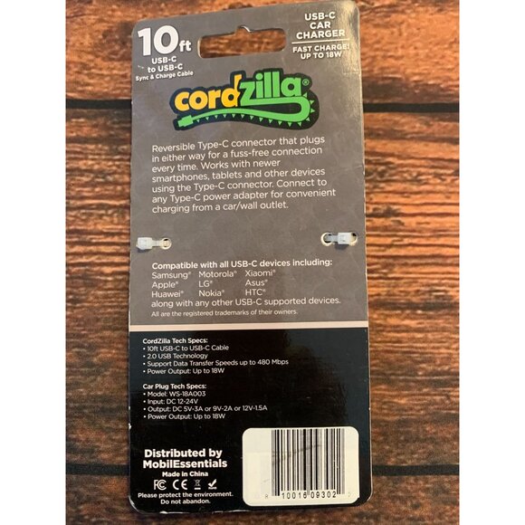 10ft USB-C To USB-C Cable & Car Charger Combo Pack Cordzilla - Picture 2 of 2